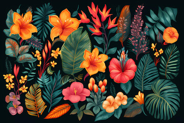 patrón de flores y plantas tropicales - obrazy, fototapety, plakaty