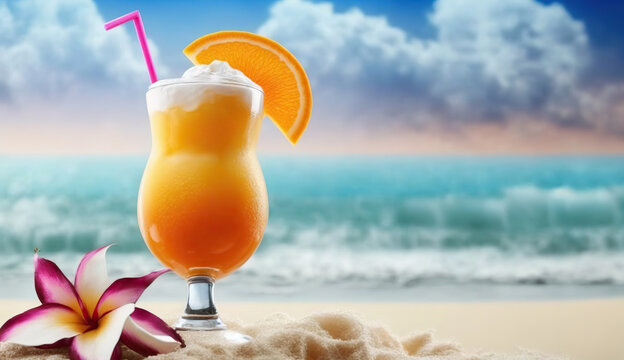 Refreshing tropical orange cocktail on the beach. Copy space. Based on Generative AI