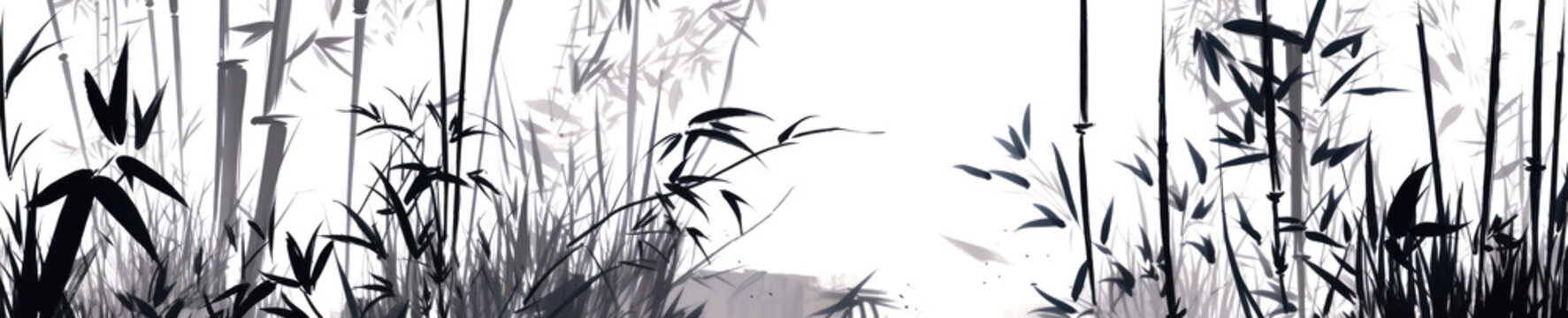 Japanese sumi-e style bamboo painting. Japanese ink painting of a bamboo. Extra wide format. Generative AI.
