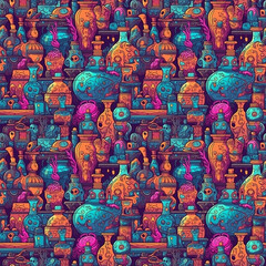 Fototapeta premium Composition of artistic painted handcrafted pottery jars. AI generative illustration.