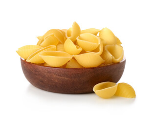 Bowl of raw conchiglie pasta isolated on white background