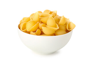 Bowl of raw conchiglie pasta isolated on white background