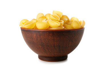 Bowl of raw conchiglie pasta isolated on white background