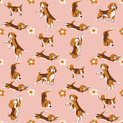 Cute flat beagle puppy in various poses and action. Seamless pattern with funny dogs. Bright vector background with domestic pets