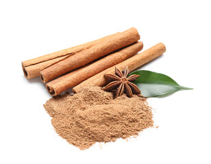 Powder with cinnamon sticks, anise and leaf on white background
