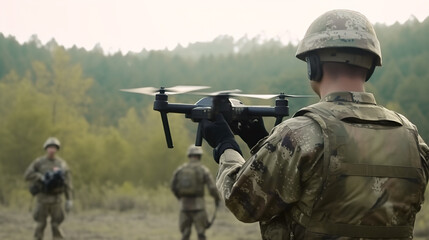 Fototapeta premium A military soldier with a reconnaissance drone in his hands against the backdrop of a forest, rear view. AI generated