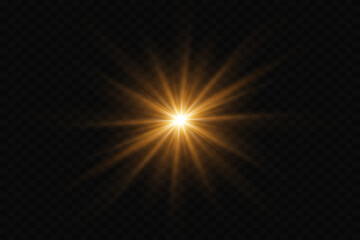 Yellow glowing light explodes on a transparent background. Sparkling magical dust particles. Bright Star. Transparent shining sun, bright flash. 