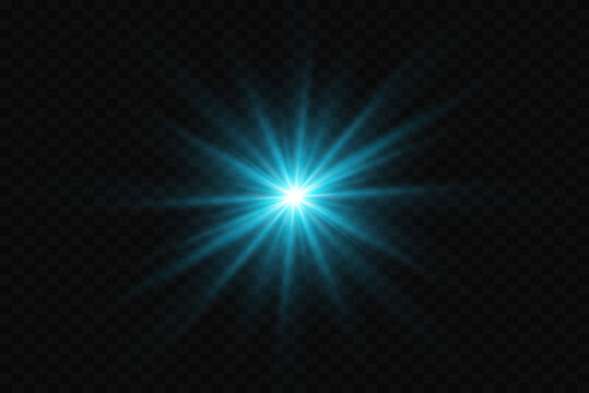 Explosion of blue glowing light on transparent background. Vector illustration light effect decoration with beam. Bright Star. Translucent radiance of the sun, bright glare. Central bright flash.