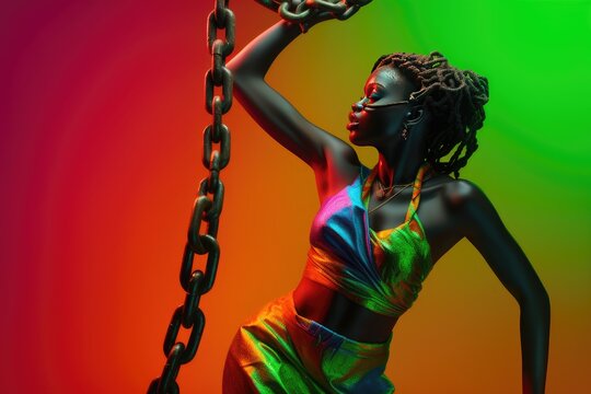 Black history month. Strong powerful black woman breaking free from chains. Slavery, slave trade or abolition concept. Banner for juneteenth or keti koti. Fictional person created with generative AI