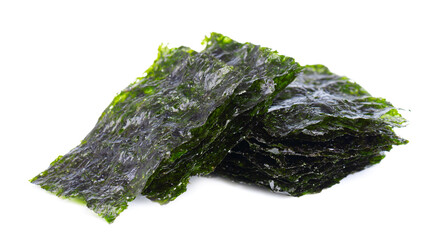 Crispy nori seaweed isolated on white background. Japanese food nori. Dry seaweed sheets.