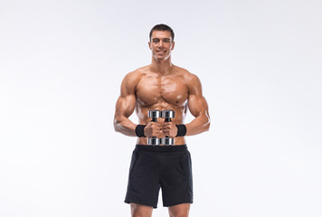 Man athlete isolated on white background. Gym full body workout. Muscular man athlete in fitness gym have heavy workout. Sports trainer on training. Fitness motivation.