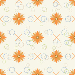 In this seamless pattern, the floral arrangement stands out. It is decorated with circles that look like floating bubbles. Against a solid color background, it looks beautiful, warm, and charming.