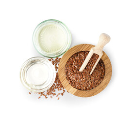 Bottle and bowl with flax oil and seeds on white background