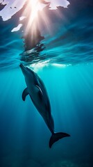 Fototapeta premium An image of a playful dolphin under the deep blue sea with light rays shining from the ocean surface. A.I. Generated. 