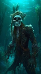 An eery illustration of a ghost pirate skeleton under the sea. A.I. Generated.
