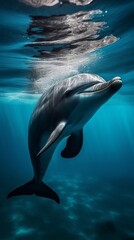 Obraz premium An image of a playful dolphin under the deep blue sea with light rays shining from the ocean surface. A.I. Generated. 