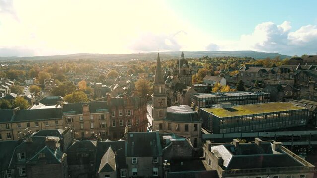 Aerial view of the Stirling city center under a blue sky in Scotland