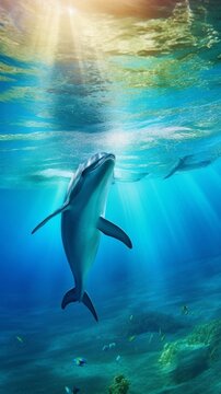 An image of a playful dolphin under the deep blue sea with light rays shining from the ocean surface. A.I. Generated.
