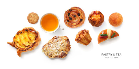 Creative layout made of cup of tea, muffin, cinnamon roll, almond croissants and cookies  on white background. Flat lay. Food concept. Macro  concept.