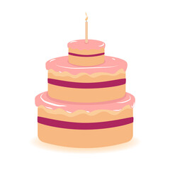 Birthday cake, vector illustration of sweet pie with filling, three-tiered cake for holiday.
