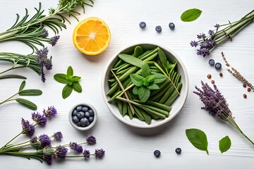 Fototapeta na wymiar Rosemary, mint, lavender, marjoram, sage, lemon balm with fresh herbs on white background. Top view, flat lay.