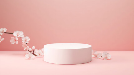 White podium with flowers. Illustration AI Generative.