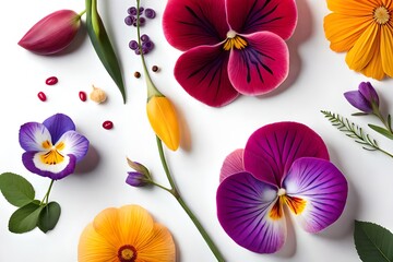 Viola pansy flower banner. Colorful spring flowers and leaves collection isolated on white background. Creative layout. Floral design element. Springtime and easter concept. Top view, flat lay