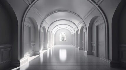 Stunning 3D Render of an Elegant Interior Design: Arched Corridor with Grand Columns and Windows, Generative AI