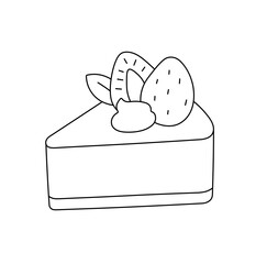 Vector isolated one single triangle piece of cake with strawberry on top colorless black and white contour line easy drawing