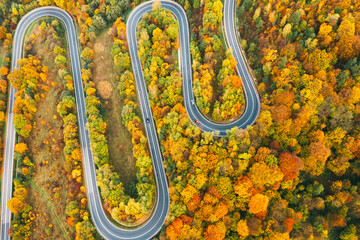 Aerial view of mountain road in forest at sunset in autumn