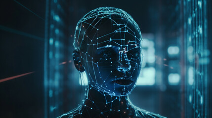 Artificial intelligence closeup face digital technology background