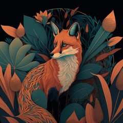 Generative ai of fox surrounded by plants