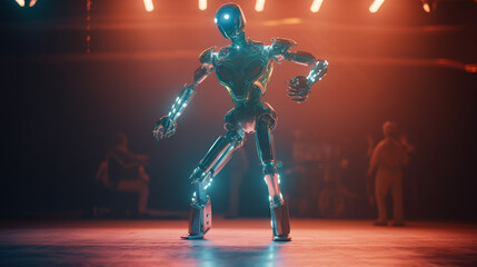 Naklejka na ściany i meble 3d render of a dancing Ai robot in a nightclub