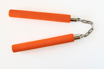 NUNCHAKU on white background: equipment for martial arts sports 