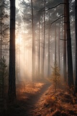 Autumnal Morning Glow in a Pine Forest, Ukraine - A Scenic Discovery of Nature's Bright Light. Generative AI
