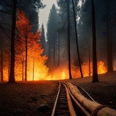 Ein brennender Wald, der von Einem großen Feuer erfasst wurde. Die Flammen sind hoch und hell und reichen bis in den Himmel. Der Himmel selbst ist von dichten Rauchschwaden bedeckt. sehr realsitisch N - obrazy, fototapety, plakaty