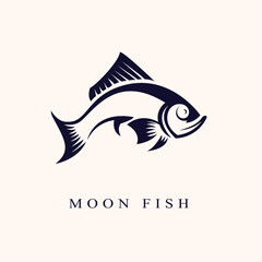 Moon Fishing logo, Black and white illustration of a fish hunting for bait. fishing logo illustration