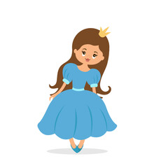 Princess girl in beautiful blue dress with crowns. Vector illustrations in flat style. Isolated on white background.