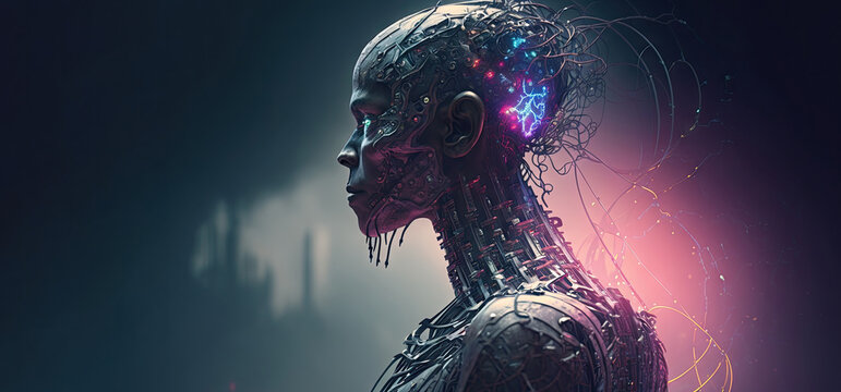 Close up of Cyborg Artificial intelligence face in Hi-tech futuristic with wires connected to body, science fiction design , robotic head and body made by carbon metal, Generative AI.
