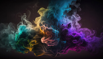 Obraz premium Abstract colorful of smoke background, neon light through smoke or fog, lighting in the dark scene, multi colored of cloud, mist, or smog, night backdrop for mock up, with Generative Ai.