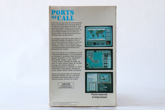 BERLIN - FEBRUARY 12, 2022: Vintage Retro Video Game PORTS OF CALL for the Commodore Amiga on Floppy Disks. Aegis released this Strategy Game in 1987. Back side of box packaging.