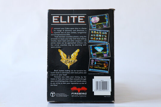 BERLIN - FEBRUARY 12, 2022: Vintage Retro Video Game ELITE for the Commodore Amiga on Floppy Disks. Firebird released this Space Simulation Game in 1988. Back side of box packaging.