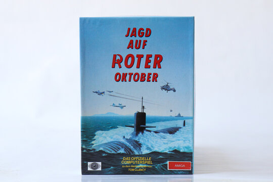 BERLIN - FEBRUARY 12, 2022: Vintage Retro Video Game JAGD AUF ROTER OKTOBER for the Commodore Amiga on Floppy Disks. German version of HUNT FOR RED OCTOBER. Grandslam released this Submarine