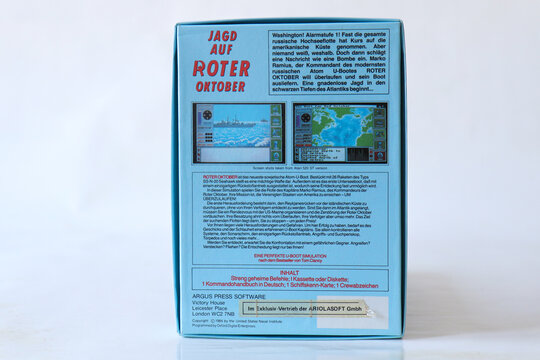 BERLIN - FEBRUARY 12, 2022: Vintage Retro Video Game JAGD AUF ROTER OKTOBER for the Commodore Amiga on Floppy Disks. German version of HUNT FOR RED OCTOBER. Grandslam released this