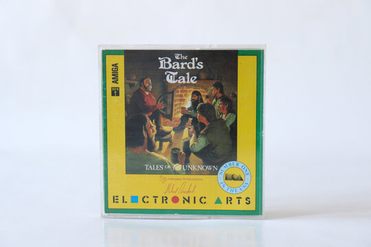 BERLIN - FEBRUARY 12, 2022: Vintage Retro Video Game THE BARD'S TALE - TALES OF THE UNKNOWN for the Commodore Amiga on Floppy Disks. Electronic Arts released this RPG Adventure Game in 1987.