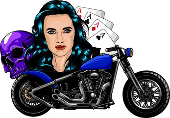 Fototapeta na wymiar chopper skull biker with woman vector illustration on white background