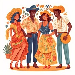 Illustration of a group of people partying and dancing at a Festa Junina, created with AI tools.