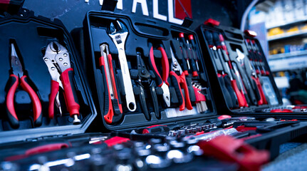 Set of hand various work tools at the showroom of a large store.