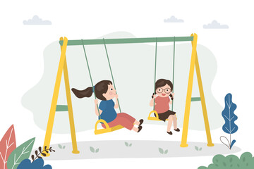 Happy children have fun playing swings. Cute kids having fun on swing in playground. Small girls talking. Childhood, entertainment.