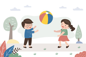 Happy caucasian girl and boy play with ball. Cheerful children play activity games. Friends with ball in park. Kids games, entertainment, development of imagination